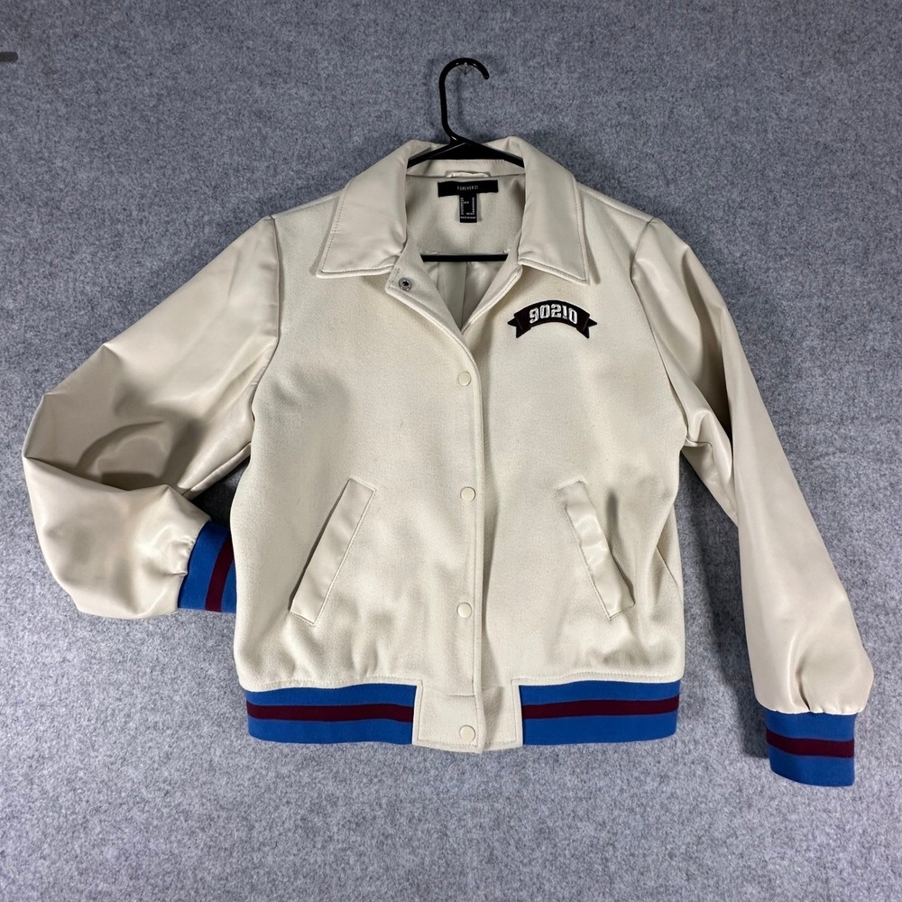 Forever 21 Varsity Jacket Womens Medium Cream 90210 Tennis Letterman